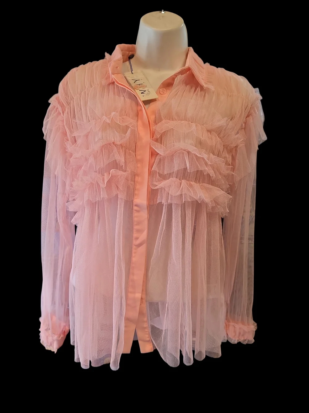 Why Sheer Pink Ruffle Button-Up Blouse - Picture 2 of 10